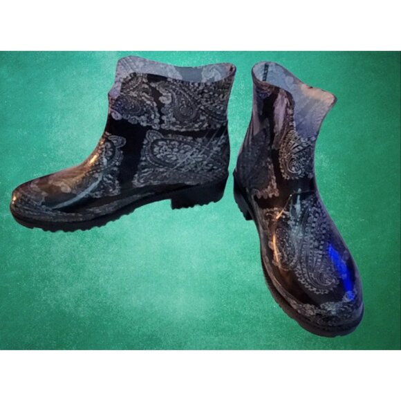 Boots Rain Garden Slip On Rubber Paisley Ankle Women 8 XL 39 - Picture 2 of 12